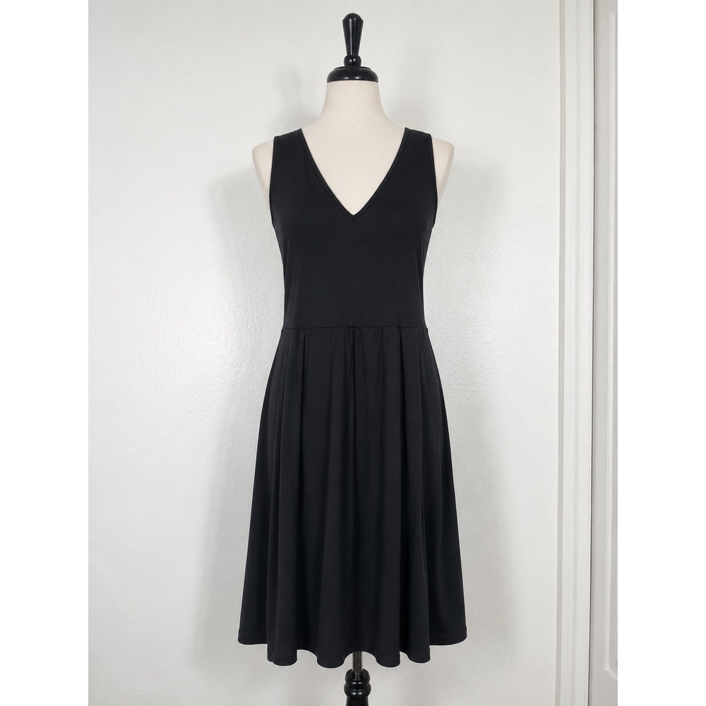 24seven Comfort Apparel Black V-Neck Sleeveless Pleated Midi Dress Womens Large